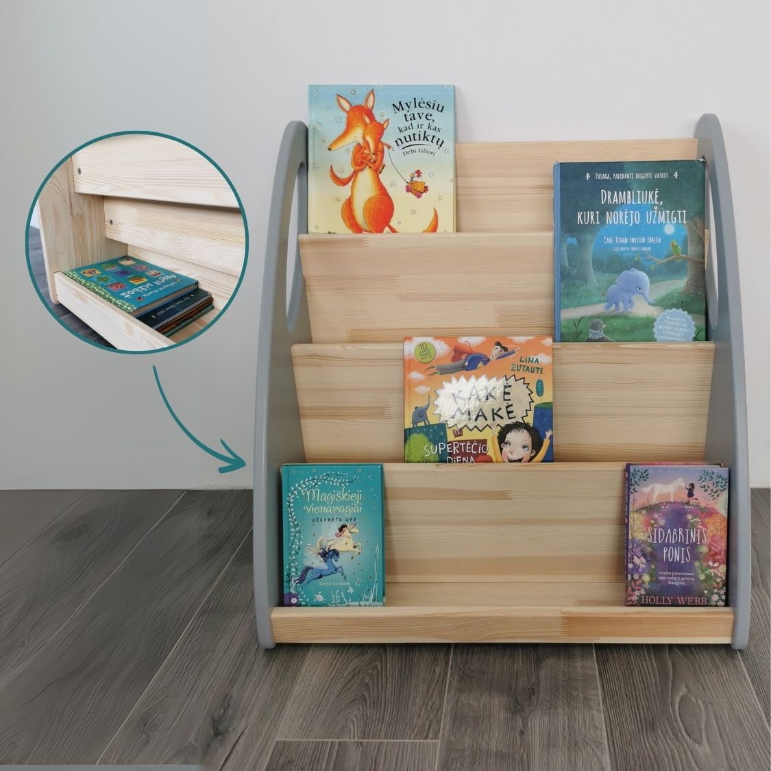 Montessori Bücherregal | HARMONIA - Grau + Klares Öl - 66 x 64 x 42 cm (L) + Extra - Stauraum - Juniorito