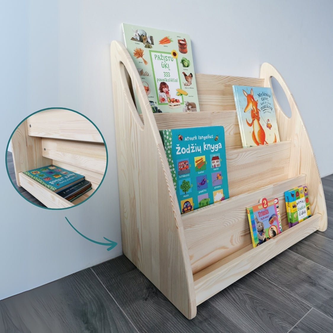 Montessori Bücherregal | HARMONIA - Klares Öl - 66 x 64 x 42 cm (L) + Extra - Stauraum - Juniorito