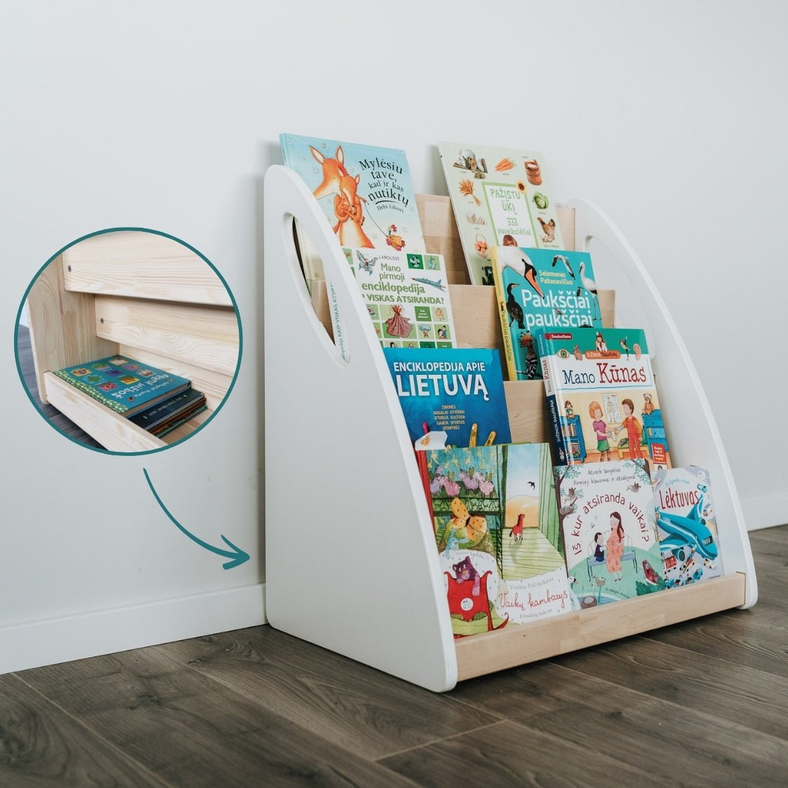 Montessori Bücherregal | HARMONIA - Weiß + Klares Öl - 66 x 64 x 42 cm (L) + Extra - Stauraum - Juniorito