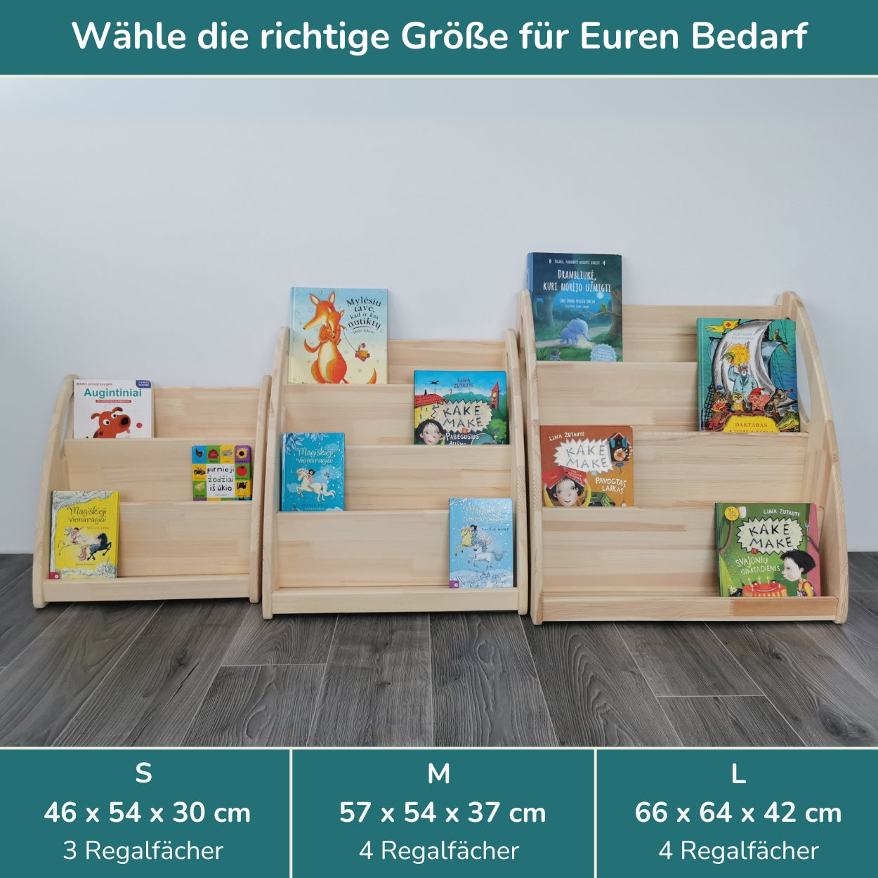 Infografik mit drei Modellen des Montessori Bücherregals und deren Größenangaben.