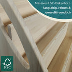 Nahaufnahme des Montessori Bücherregals. Unten links das FSC-Logo. Text im Bild: "Massives Birkenholz - langlebig, robust & umweltfreundlich"
