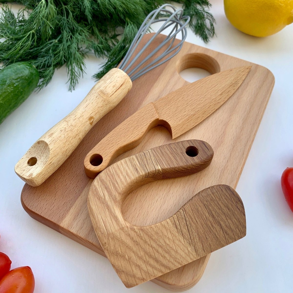 Montessori Kindermessser, Schneebesen & Schneidebrett SET - ohne Gravur - Juniorito