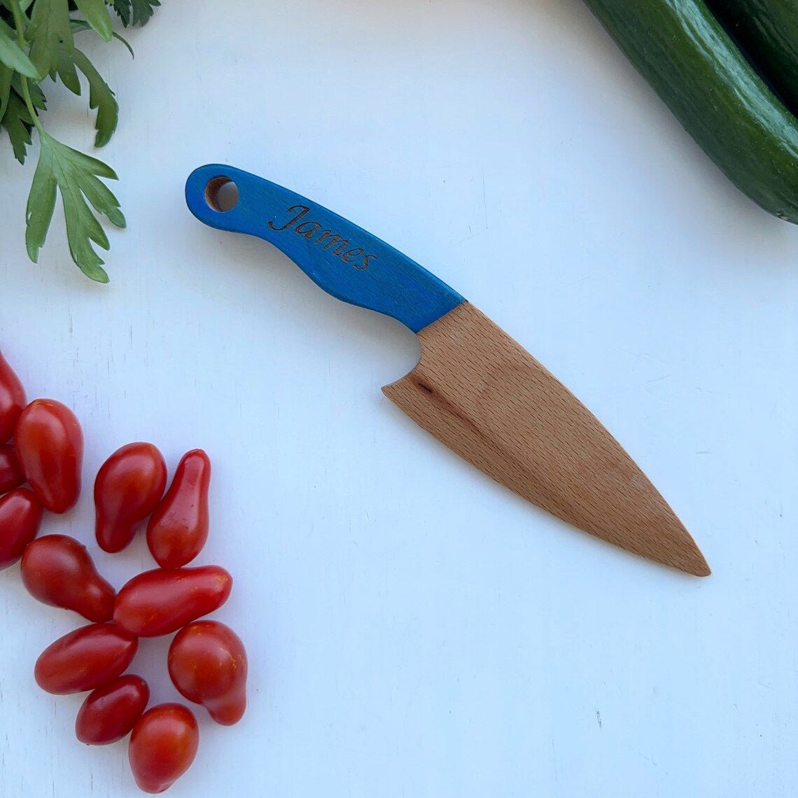 Montessori Schneidemesser für Kinder - Blau - mit Gravur - Juniorito