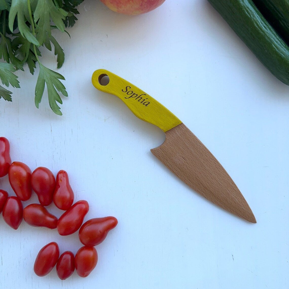 Montessori Schneidemesser für Kinder - Gelb - mit Gravur - Juniorito