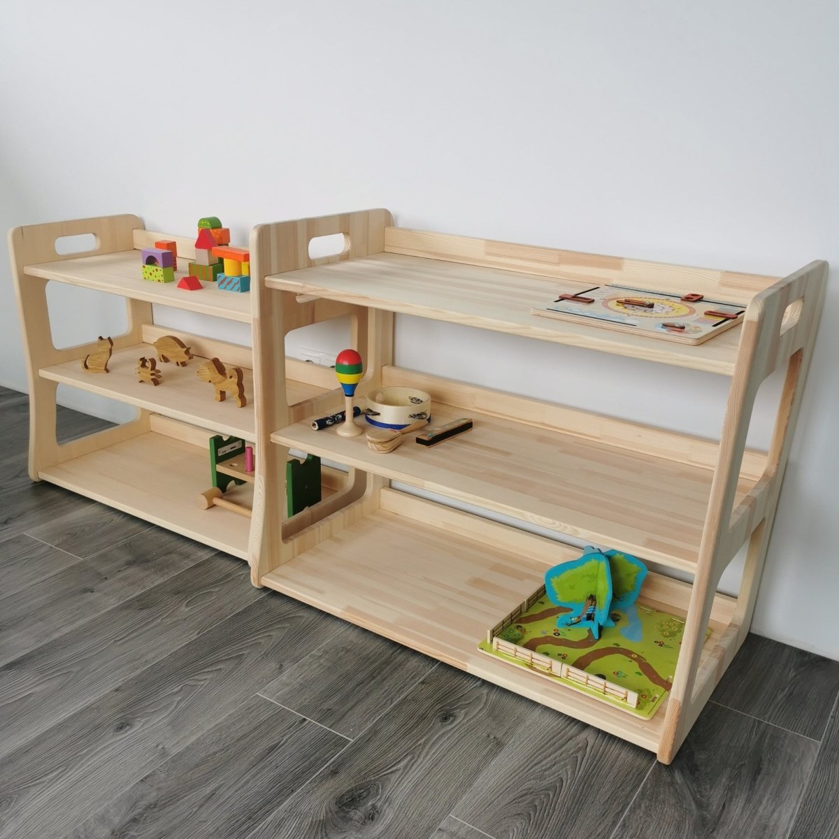 Montessori Spielzeugregal | 'HARMONIA' Kollektion - Unbehandeltes Holz - Höhe: 57 cm | Länge: 71 cm | Tiefe: 37 cm - Juniorito