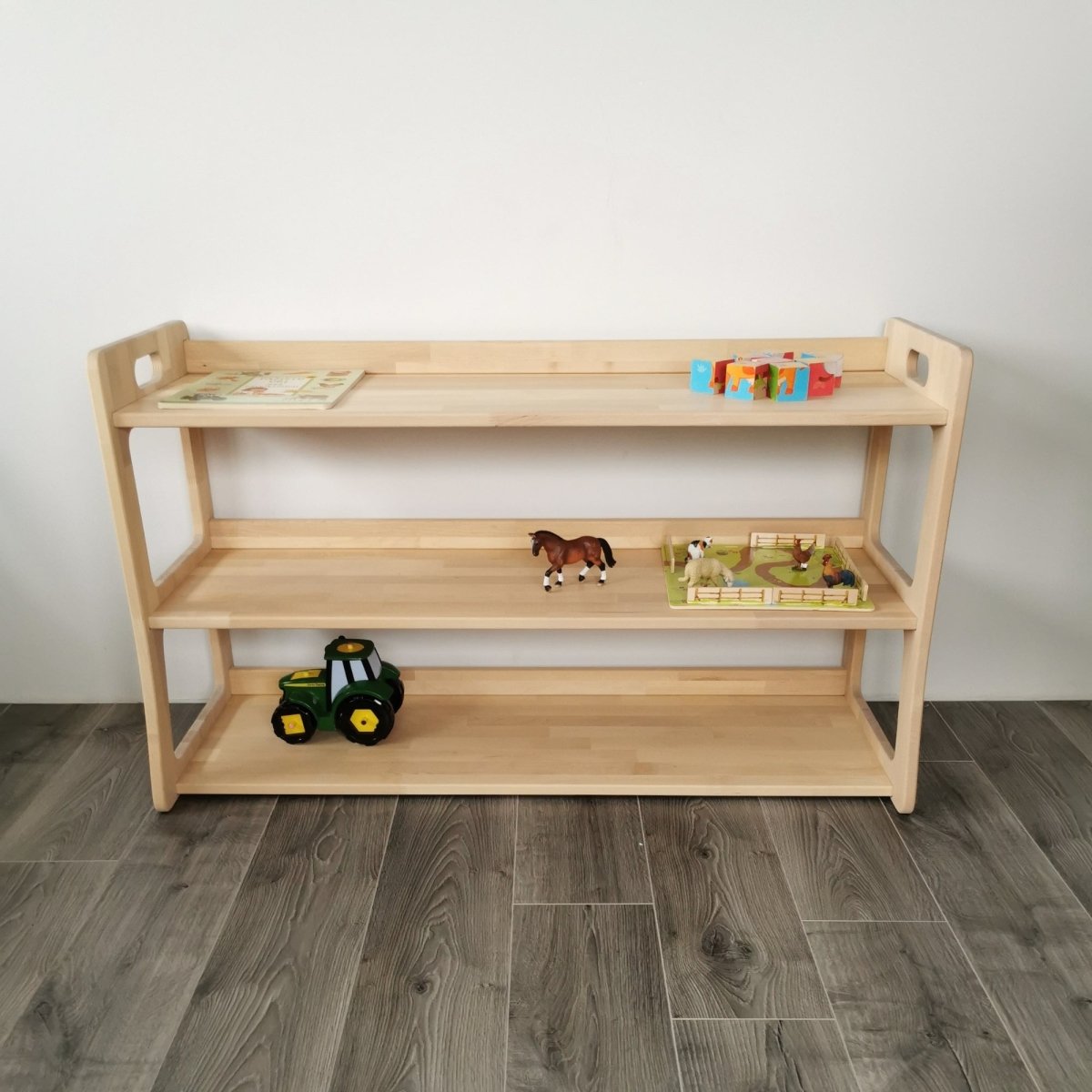 Montessori Spielzeugregal | 'HARMONIA' Kollektion - Unbehandeltes Holz - Höhe: 57 cm | Länge: 71 cm | Tiefe: 37 cm - Juniorito