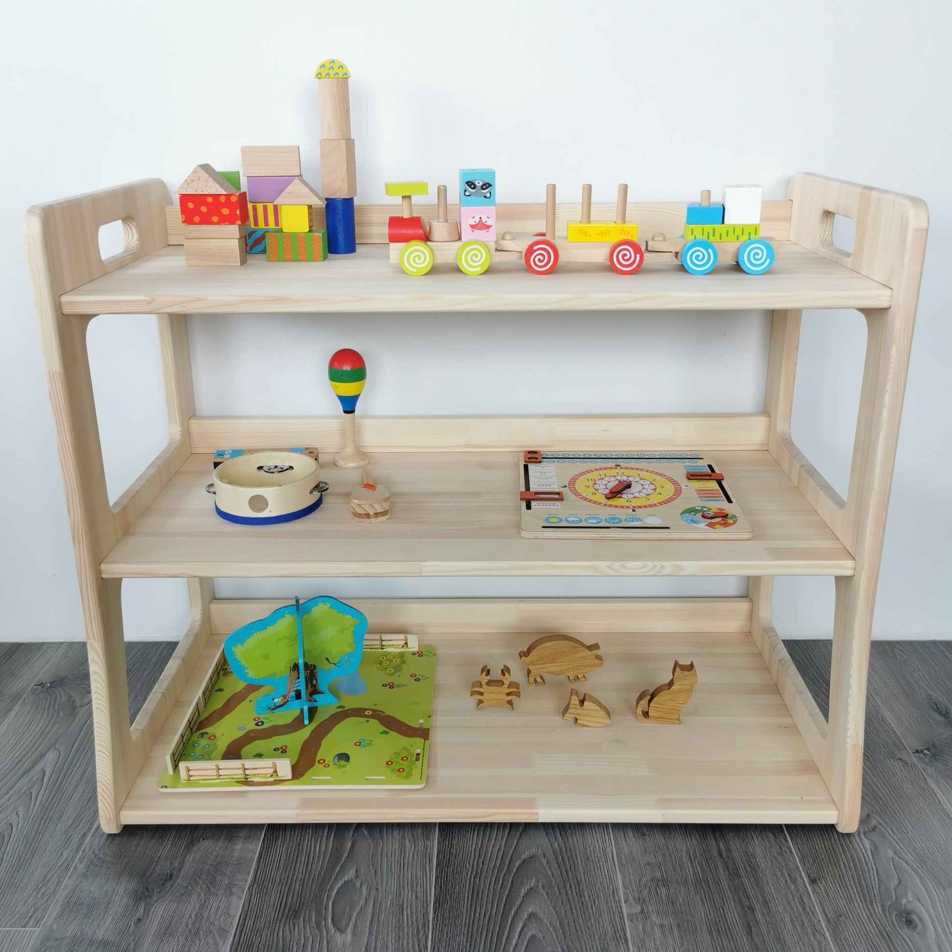 Montessori Spielzeugregal | HARMONIA - Weiß + klares Öl - 57 x 71 x 37 cm (Klein) - Juniorito