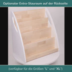 Drehvideo des Montessori Bücherregals mit Stauraum. Text im Bild: "Optionaler Extra-Stauraum auf der Rückseite (verfügbar für die Größen "L" & "XL")"