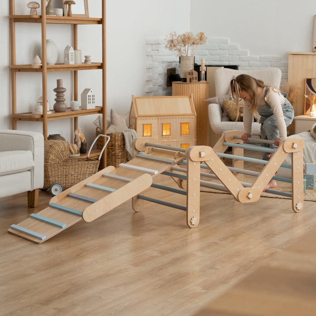 Verstellbares Kletterdreieck mit 2in1 - Rutsche | Blau - mit Sprossen - Juniorito