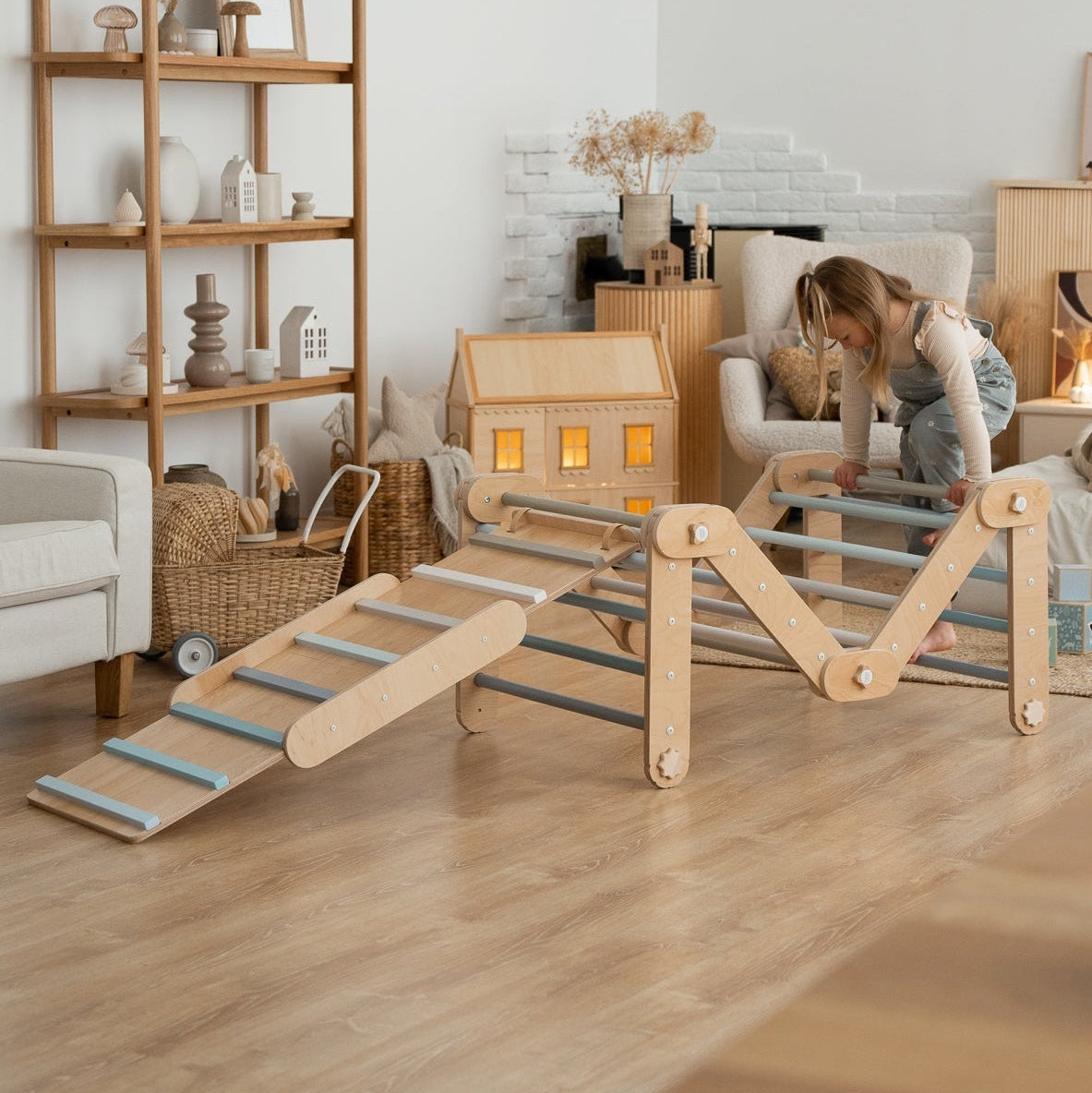 Verstellbares Kletterdreieck mit 2in1 - Rutsche | Blau - mit Sprossen - Juniorito