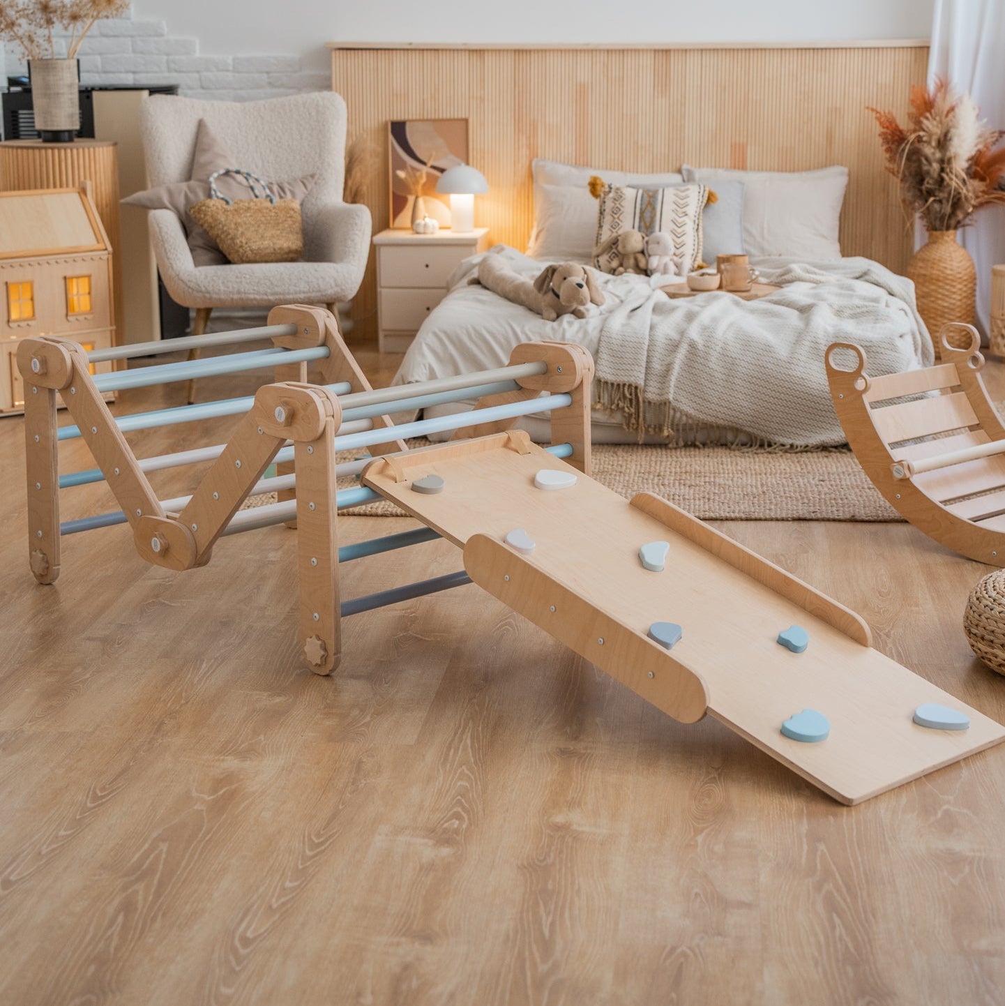 Verstellbares Kletterdreieck mit 2in1 - Rutsche | Blau - mit Sprossen - Juniorito