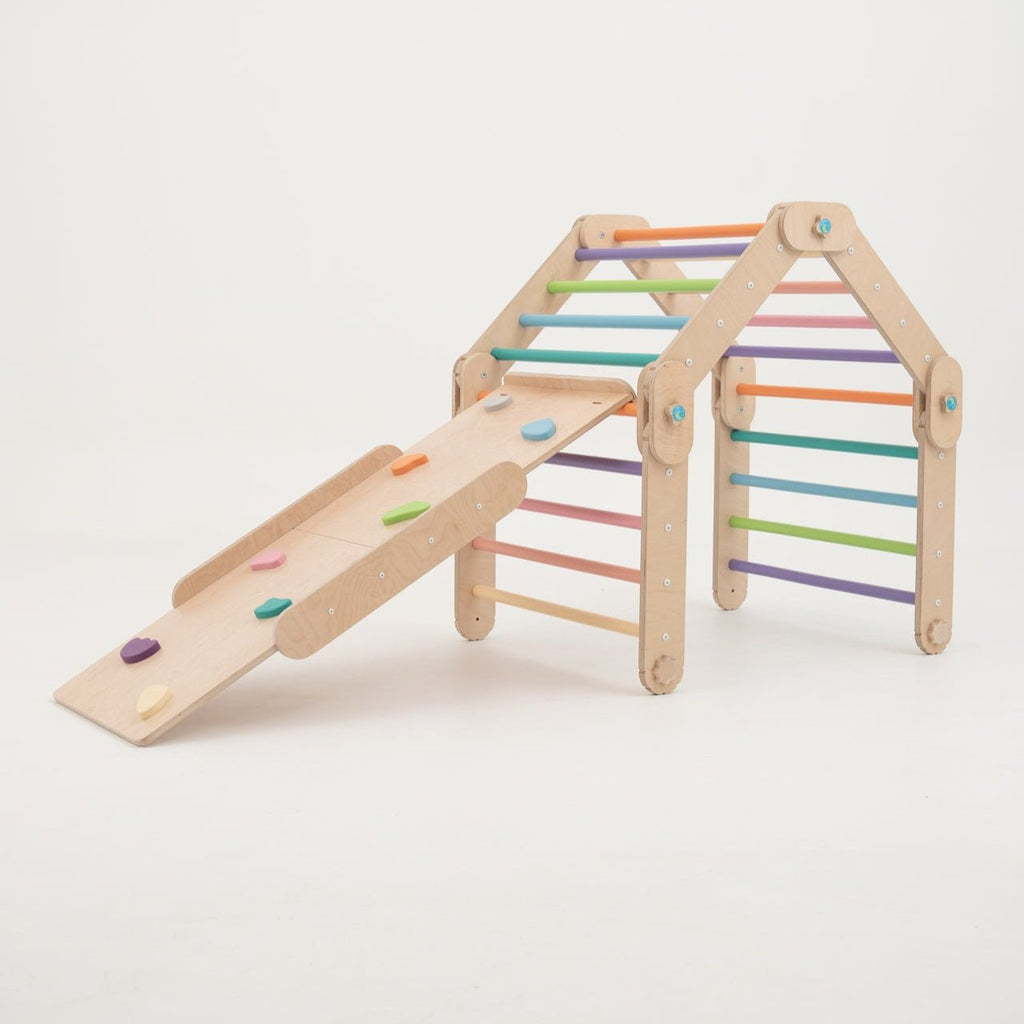 Verstellbares Kletterdreieck mit 2in1 - Rutsche | Bunt - mit Griffen - Juniorito