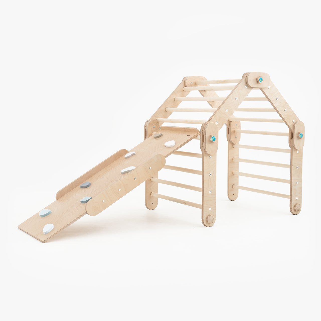 Verstellbares Kletterdreieck mit 2in1 - Rutsche | Naturell - mit blauen Griffen - Juniorito