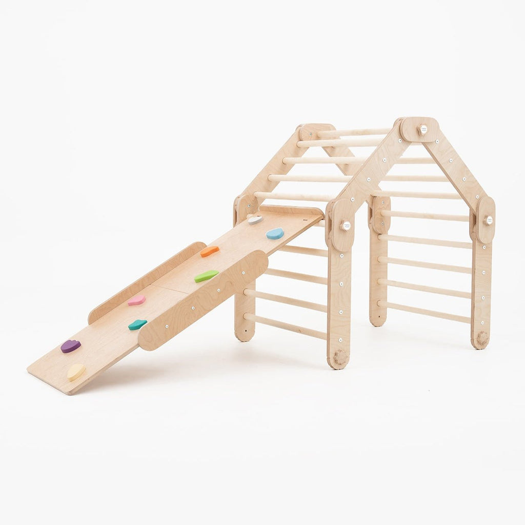 Verstellbares Kletterdreieck mit 2in1 - Rutsche | Naturell - mit bunten Griffen - Juniorito