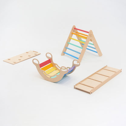 Kletterdreieck und Bogenwippe + 2x Rutsche SET | Bunt