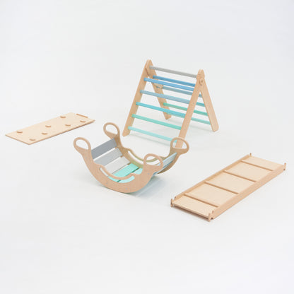 Kletterdreieck und Bogenwippe + 2x Rutsche SET | Mint