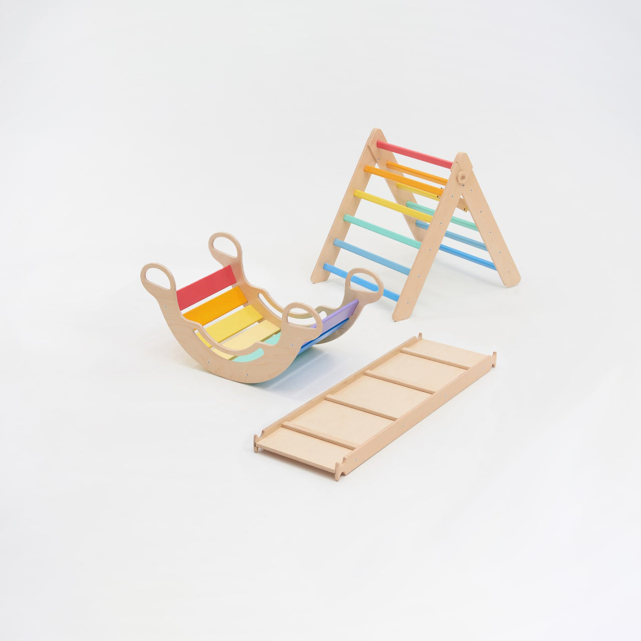 Kletterdreieck und Bogenwippe + Rutsche SET | Bunt
