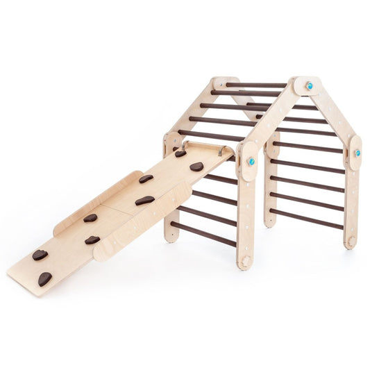Verstellbares Kletterdreieck + 1x Rutsche | Braun - Mit blauen Stangen - Juniorito