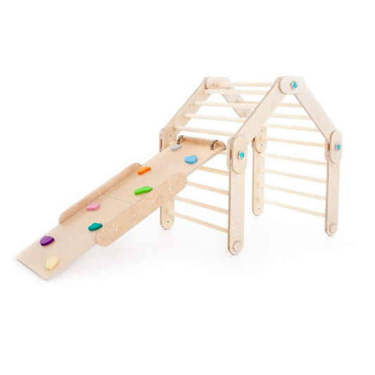 Verstellbares Kletterdreieck + 1x Rutsche | Naturell - Mit blauen Stangen - Juniorito
