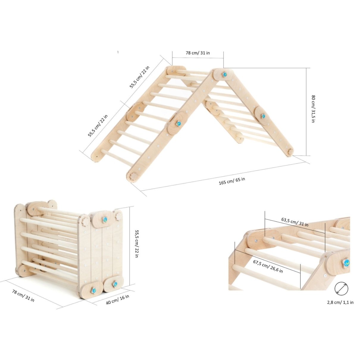 Verstellbares Kletterdreieck + 1x Rutsche | Naturell - Mit blauen Stangen - Juniorito